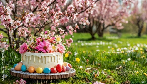 A festive Easter cake decorated with pastel frosting and topped with a white egg, surrounded by vibrant spring flowers