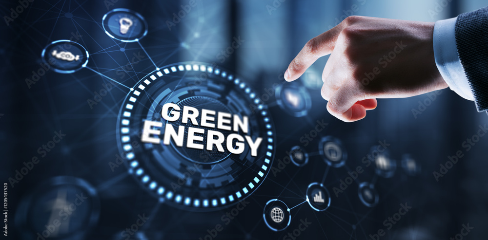 Fototapeta premium Businessman clicks Green eco energy icons. Reducing environmental risks