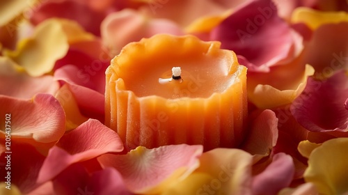 Orange candle nestled in colorful rose petals. photo