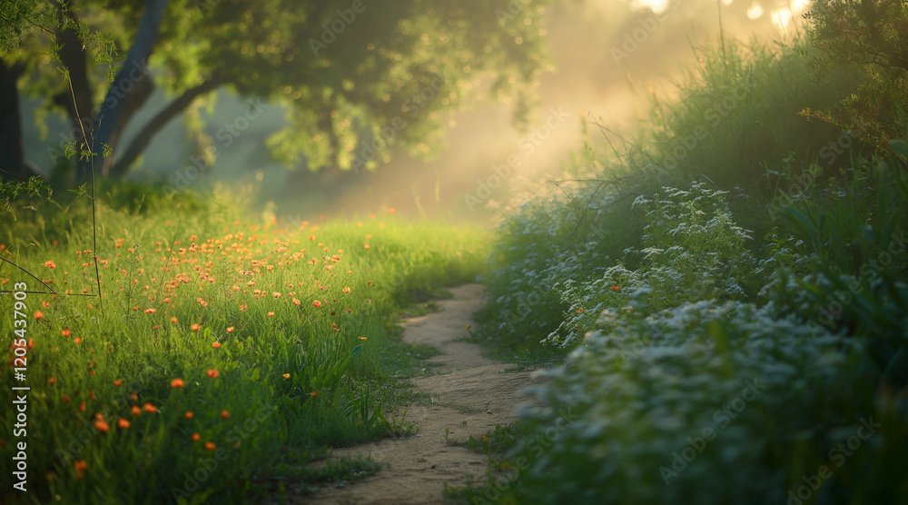 Obraz premium Serene Countryside Stroll Sunlit Path Through Lush Greenery