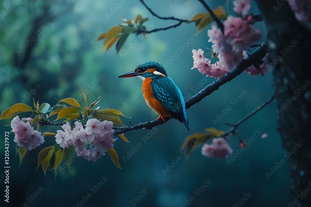Naklejka premium Vibrant kingfisher perched on a blossoming cherry branch in a misty forest.