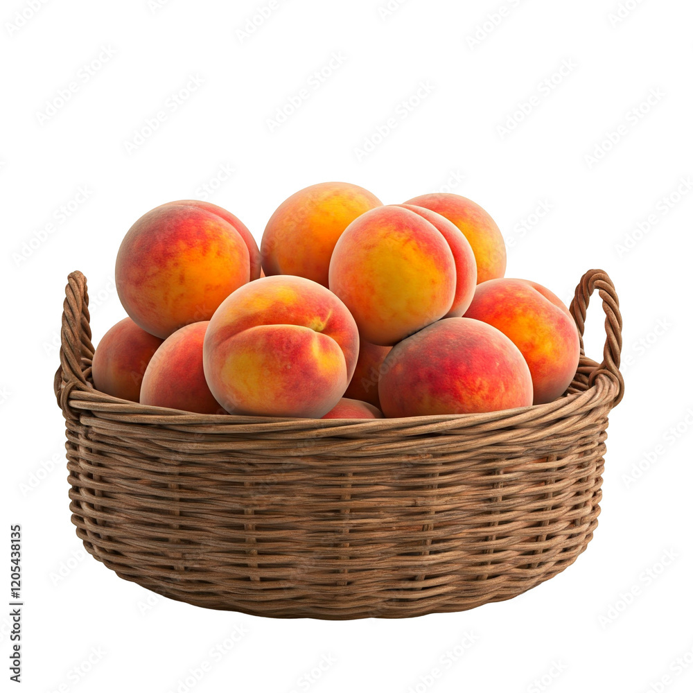 A Tree Branch Basket Loaded with Ripe Peaches, Isolated on White A Tree Branch Basket Loaded with Ripe Peaches, Isolated on White