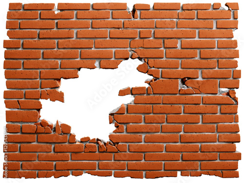 A cracked and broken brick wall with large gaps set against a transparent background