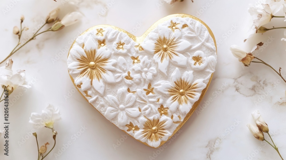 Fototapeta premium Decorative Heart-Shaped Cookie with Floral Design and Gold Accents