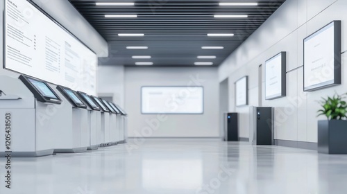 Modern Airport Terminal Hall: Sleek Design and Kiosks