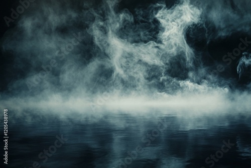 Dark moody atmospheric scene with thick fog reflecting on water.