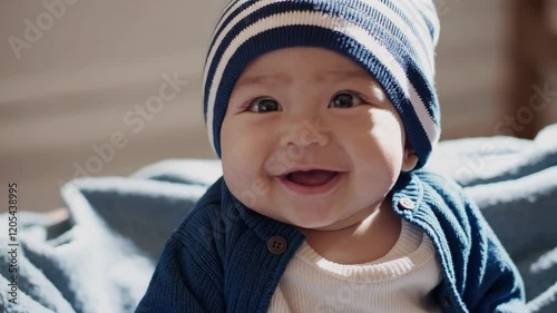Baby Smiling in Cozy Blue Sweater Footage Capturing Joyful Expressions