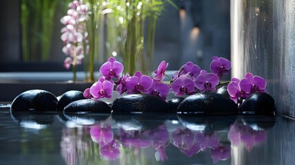 Plexiglas schilderij Spa Paarse orchideeën op rustig water  © Berkah