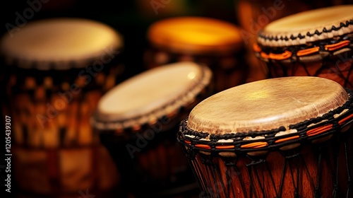 Close-up of several djembe drums.