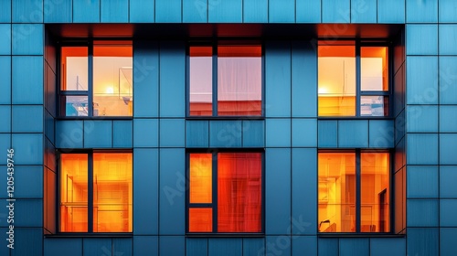 Illuminated windows of a modern building at night, glowing with warm orange light against a dark blue facade. The image presents a captivating contrast of light and shadow, creating a striking visual