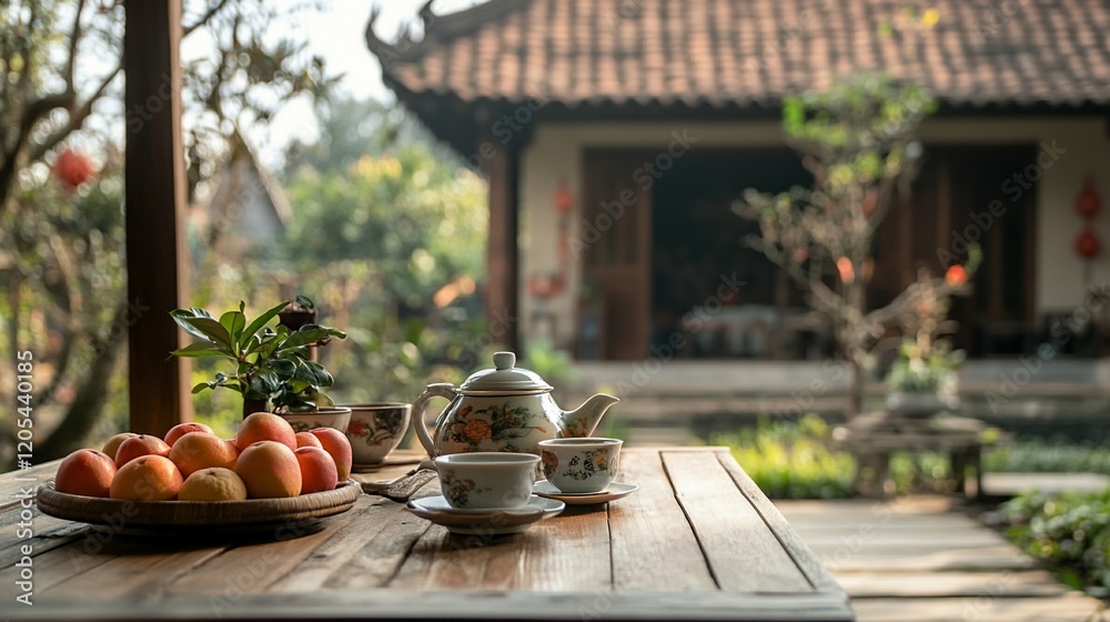 Wooden table with tea set, fruit, and Asian house background. Wooden table with tea set, fruit, and Asian house background.