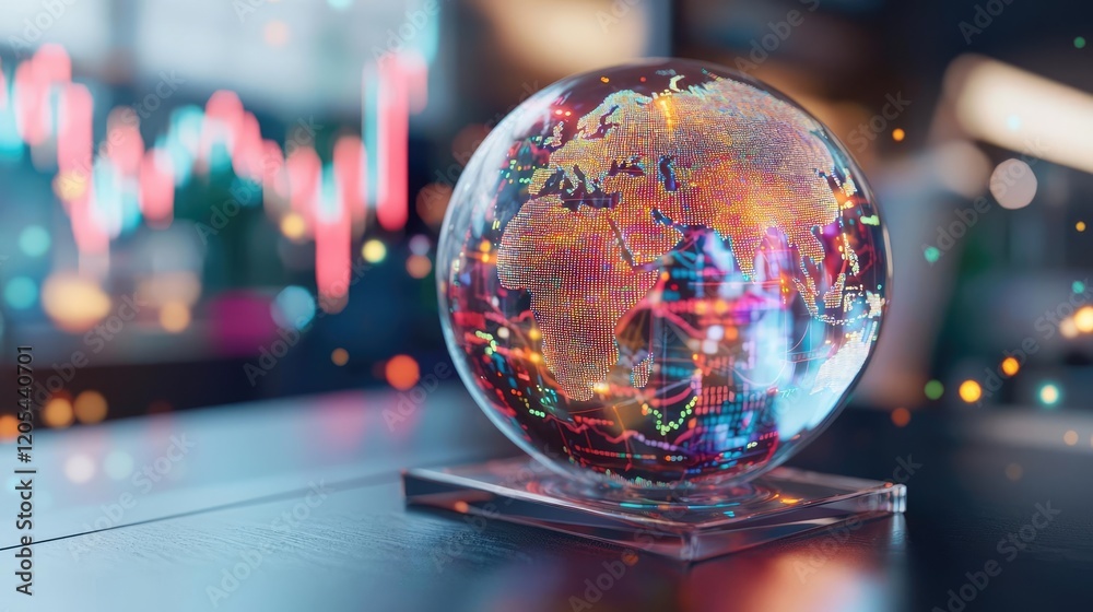 A futuristic globe encased in floating forecasts and glowing investment graphs, global financial market, predictive finance A futuristic globe encased in floating forecasts and glowing investment graphs, global financial market, predictive finance