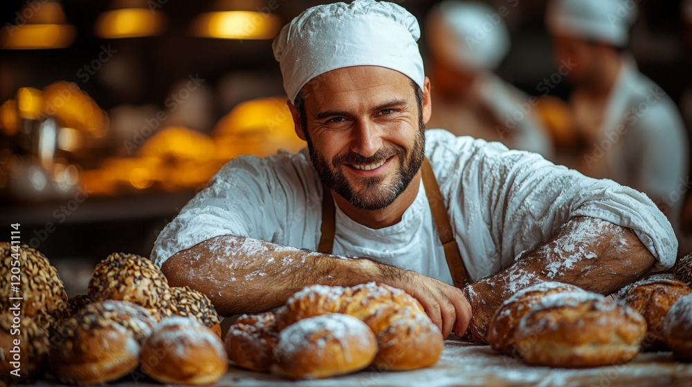 Smiling baker with freshly baked pastries in a bakery Smiling baker with freshly baked pastries in a bakery