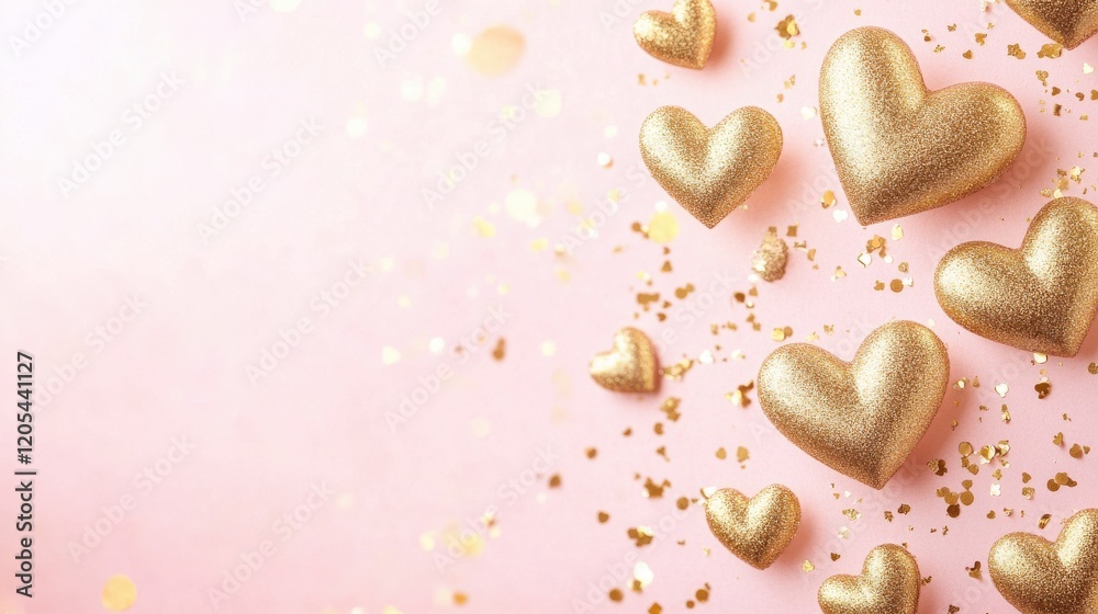 Shimmering Golden Hearts on Soft Pink Background with Glitter Confetti Shimmering Golden Hearts on Soft Pink Background with Glitter Confetti