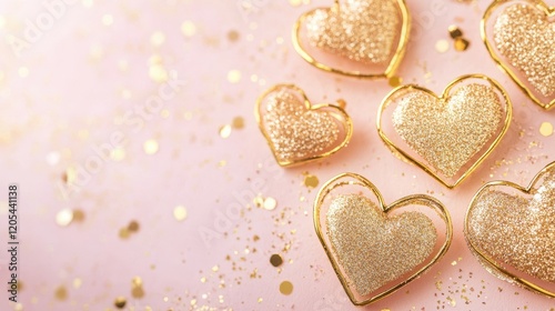 Shimmering Gold Hearts on Pink Background with Glittering Confetti