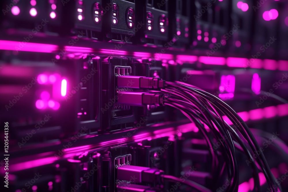 Fototapeta premium Close-up of server rack with glowing purple lights and cables.