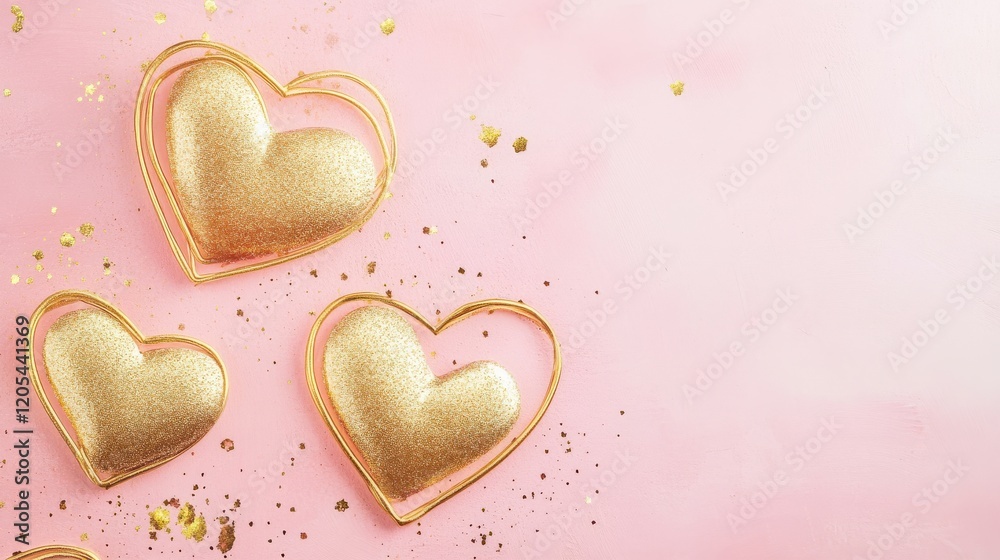 Shiny Gold Hearts on Soft Pink Background with Glitter Speckles Shiny Gold Hearts on Soft Pink Background with Glitter Speckles
