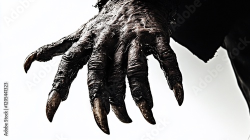 Close-up of a monstrous, clawed hand with dark, wrinkled skin against a white background. photo