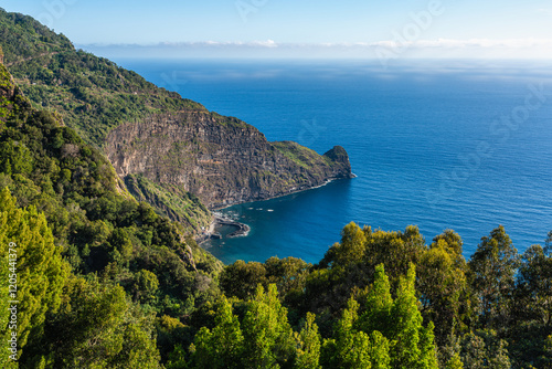 Scenic panoramic view from Miradouro do Curtado on a summer morning, Faial, Madeira island, Portugal. photo