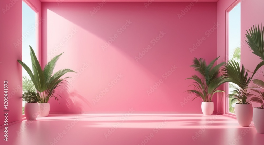A soft pink minimalist room with vibrant indoor plants, creating a peaceful and refreshing atmosphere. A soft pink minimalist room with vibrant indoor plants, creating a peaceful and refreshing atmosphere.