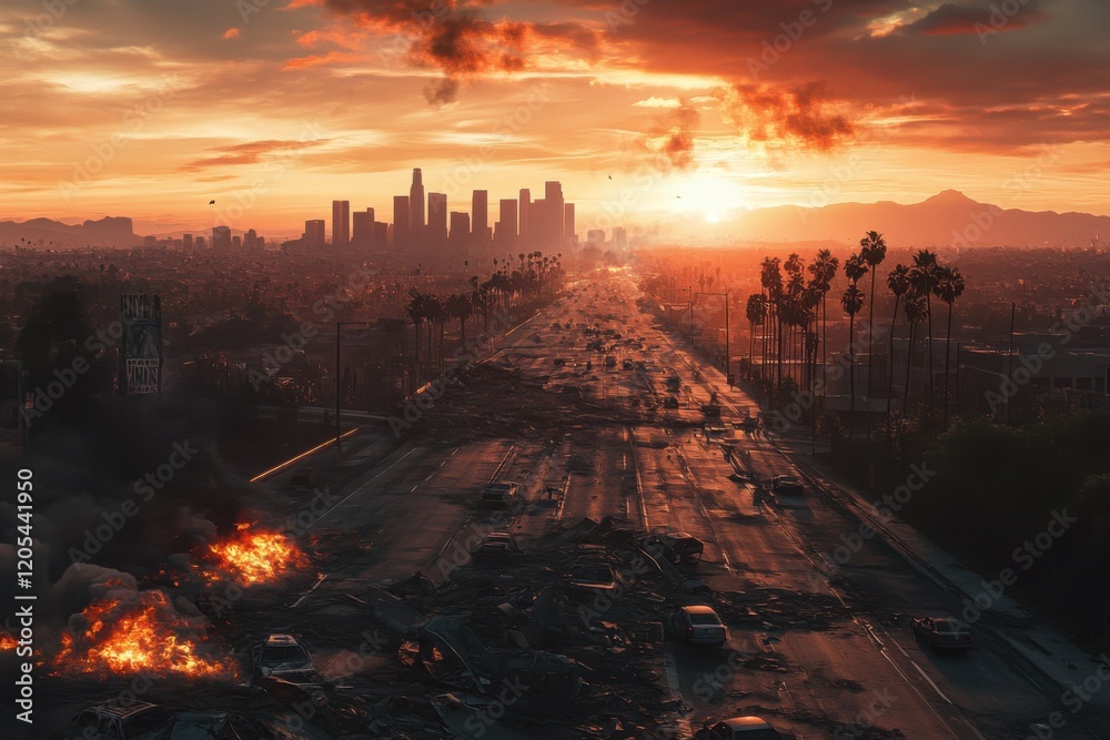 Apocalyptic urban scene with a destroyed highway, burning cars, and a smoke-filled sky at sunset, with a city skyline in the distance Apocalyptic urban scene with a destroyed highway, burning cars, and a smoke-filled sky at sunset, with a city skyline in the distance