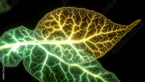 Glowing leaf veins: Abstract digital illustration of a bioluminescent plant with golden and green illumination against a dark background.  Detailed texture and vibrant colors depict an organic yet fut photo