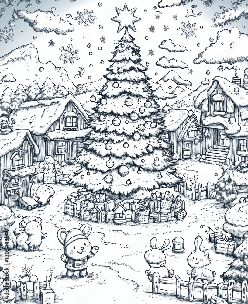 Obraz premium Charming black-and-white illustration of a snowy village with a giant decorated Christmas tree surrounded by animals and gifts