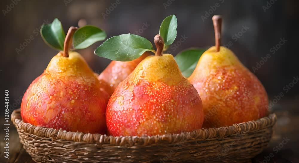 Three red pears with dew drops, nestled in a rustic wicker basket. Three red pears with dew drops, nestled in a rustic wicker basket.