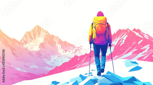 Solo traveler in flat style with a large backpack hiking up a mountain trail, using a bright color palette and simple lines on a white background 