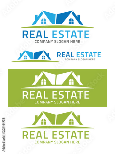 Blue and Green Real Estate Agency logo template on white background. 