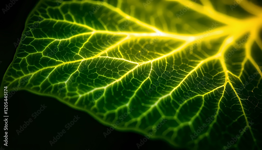 Luminous Leaf Veins: A Close-Up Study of Intricate Natural Patterns and Glowing Energy in Vibrant Green and Yellow Hues Luminous Leaf Veins: A Close-Up Study of Intricate Natural Patterns and Glowing Energy in Vibrant Green and Yellow Hues