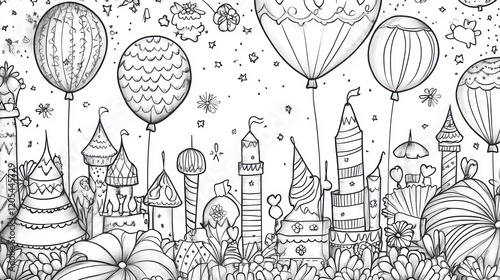 A black and white illustration depicts whimsical buildings and floating balloons, creating a festive scene