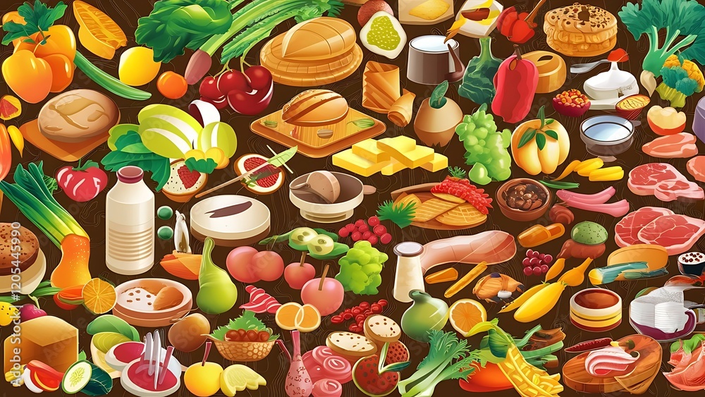 Obraz premium Big number of foods from various categories. Isolated vector icons