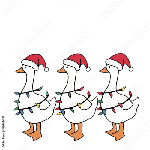 three ducks with a Santa hat on the head and with a garland christmas art vector illustration