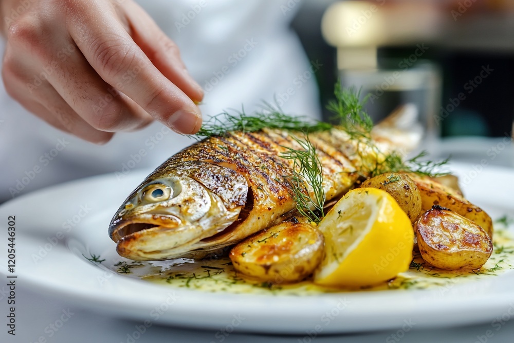 Chef garnishing grilled fish with dill, served with roasted potatoes and lemon. Chef garnishing grilled fish with dill, served with roasted potatoes and lemon.
