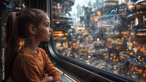 A girl looking out of a window of a modern house at a futuristic megacity at sunset