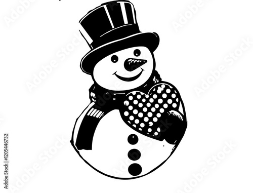 funny black white snowman holding a heart in his hands christmas art vector illustration