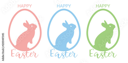 Easter egg shape with bunny silhouette - traditional symbol of holiday. Simple eggs hunt design. Cute bunnies characters in pink, blue, and green color. Vector illustration for poster, card or banner