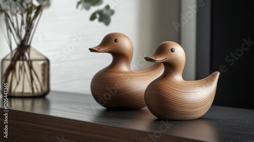 Modern home design featuring wooden duck decor, blending sleek contemporary interiors with smooth wooden duck figurines on shelves or coffee tables, adding a unique and elegant accent photo