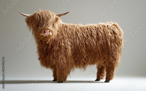 A fluffy Highland cow with long shaggy hair, standing calmly on a pure white backdrop, soft lighting