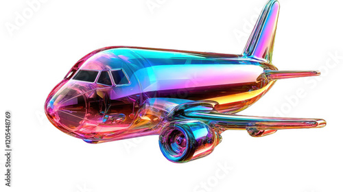 A vibrant 3D render of a glass airplane showcasing colorful, glowing details against a transparent background. It's a modern take on aircraft design.