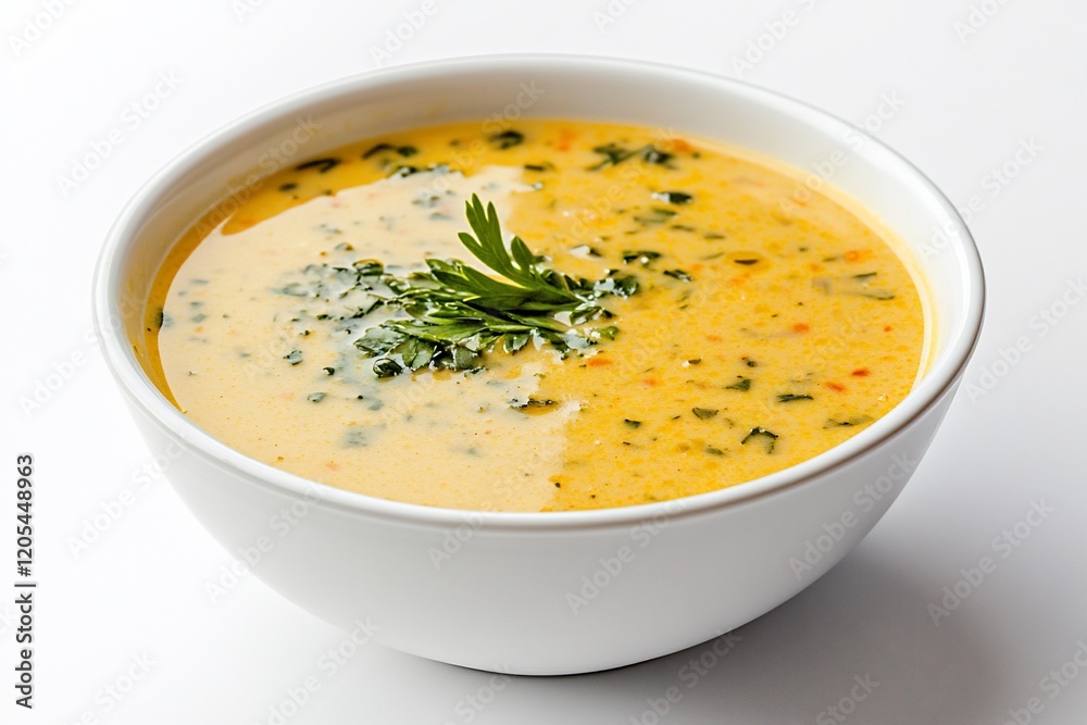 Creamy yellow soup in a white bowl, garnished with fresh parsley. Creamy yellow soup in a white bowl, garnished with fresh parsley.