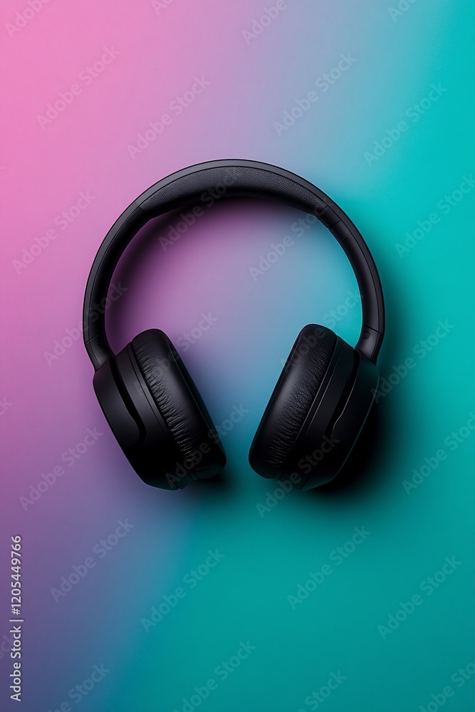 Black headphones on vibrant gradient background. Black headphones on vibrant gradient background.