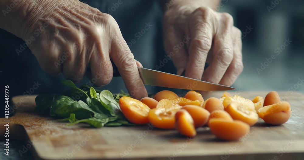 Close-up of hands slicing ripe apricots on wooden board.