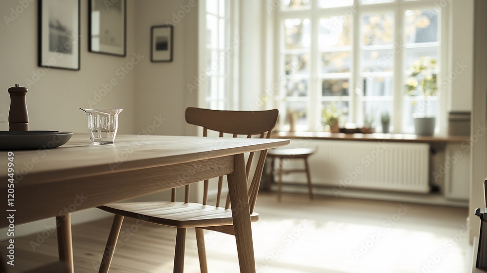 Fototapeta premium Sunny dining room with wooden table and chairs near window.