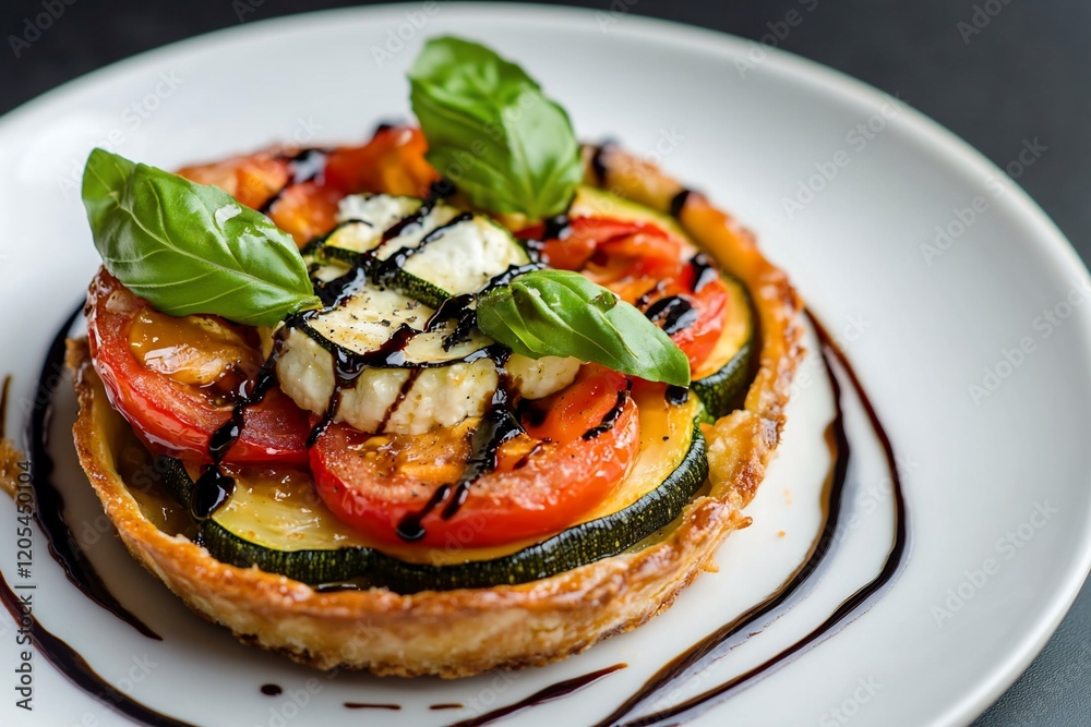 Delicious tomato and zucchini tart with goat cheese and balsamic glaze. Delicious tomato and zucchini tart with goat cheese and balsamic glaze.
