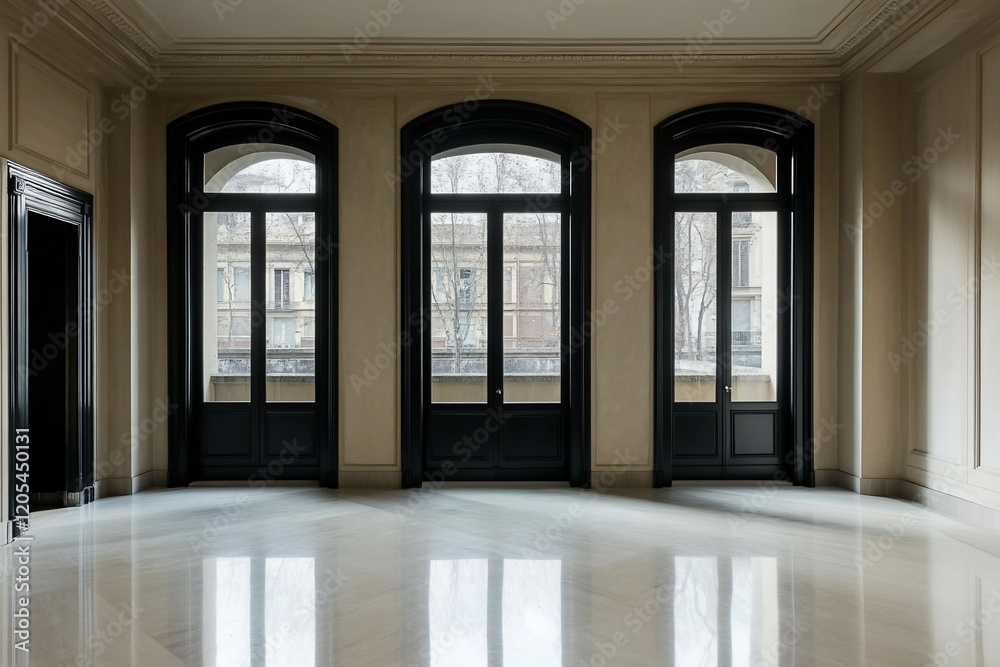 Obraz premium Empty luxury room with three large arched windows and marble floor.