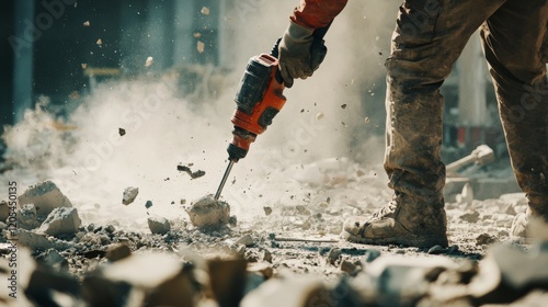 A construction worker using a pneumatic drill to break concrete, surrounded by debris, Demolition work scene