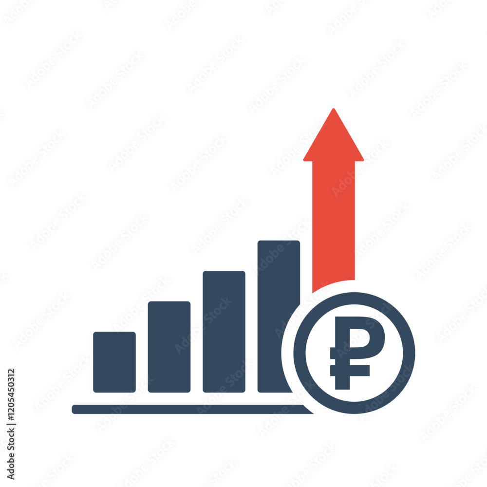 rising trend bar chart with ruble sign and red up arrow, russian currency growth indicator, positive economic dynamic forecast infographic, tax increasing vector icon rising trend bar chart with ruble sign and red up arrow, russian currency growth indicator, positive economic dynamic forecast infographic, tax increasing vector icon