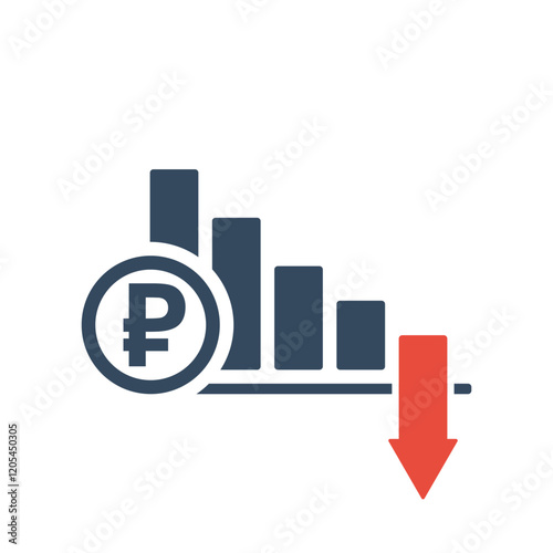 falling trend bar chart with ruble sign and red down arrow, russian currency inflation indicator or income forecast vector icon